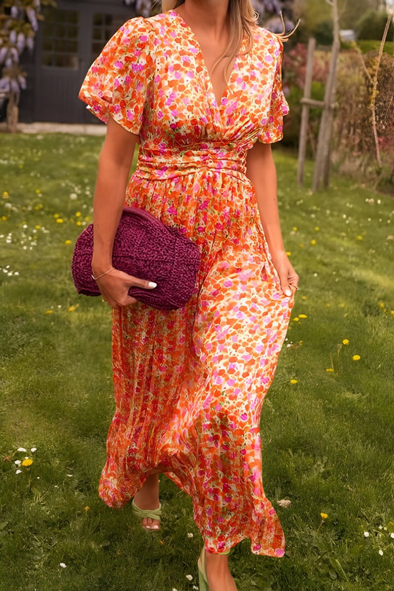 Vestido largo de verano fluido con cuello en V y estampado floral para mujer