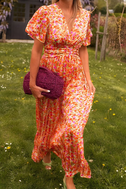 Vestido largo de verano fluido con cuello en V y estampado floral para mujer