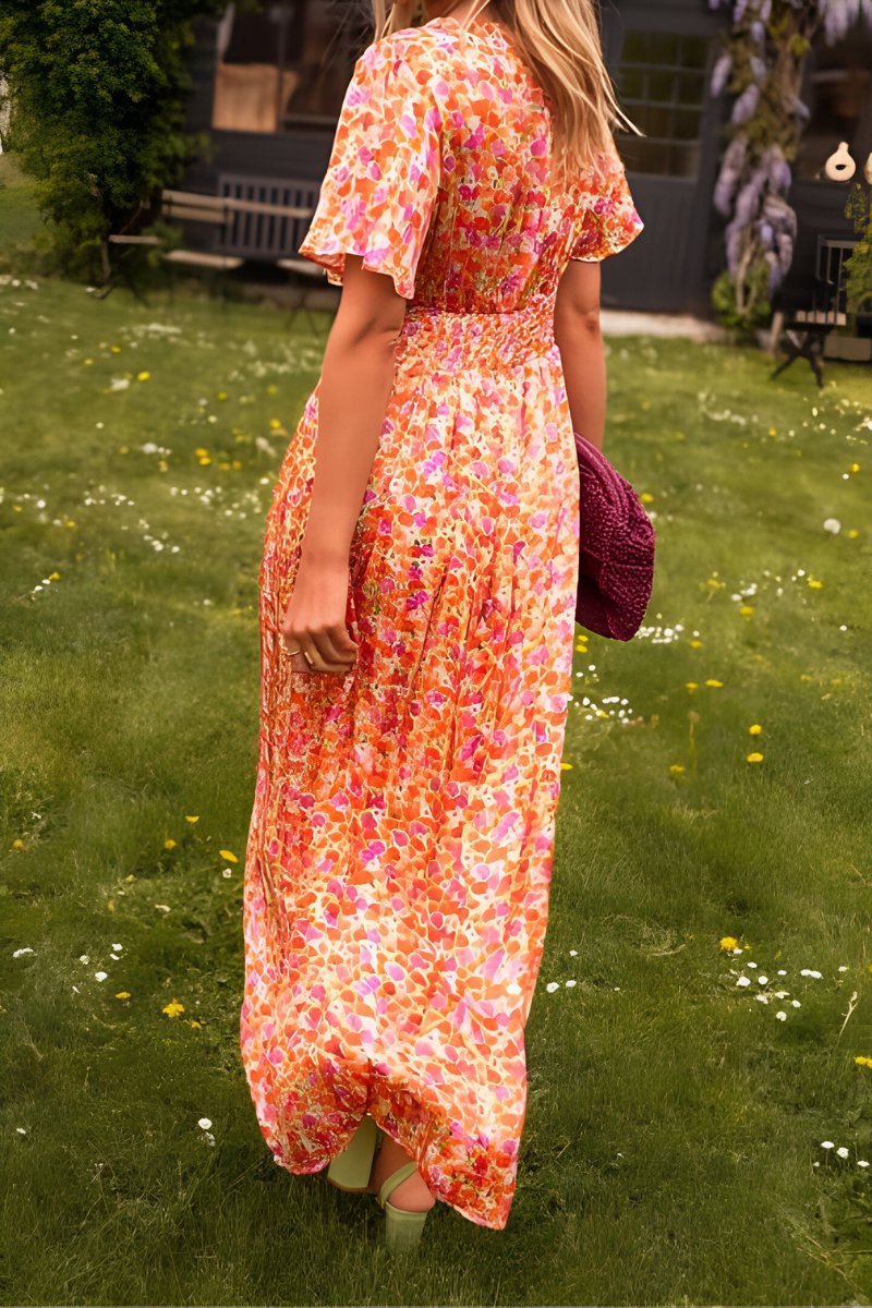 Vestido largo de verano fluido con cuello en V y estampado floral para mujer