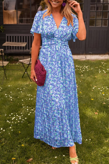 Vestido largo de verano fluido con cuello en V y estampado floral para mujer