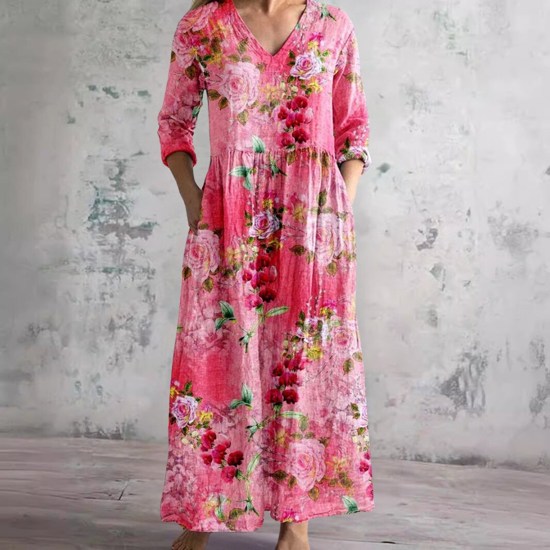Vestido Maxi de Verano con Cuello en V y Estampado Floral para Mujer