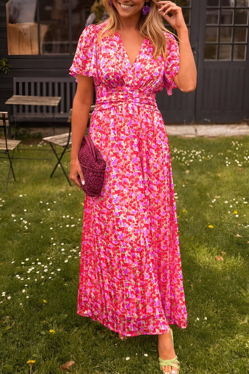 Vestido largo de verano fluido con cuello en V y estampado floral para mujer