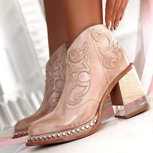 Botines vaqueros con bordados y tachas de tacón en bloque para mujer