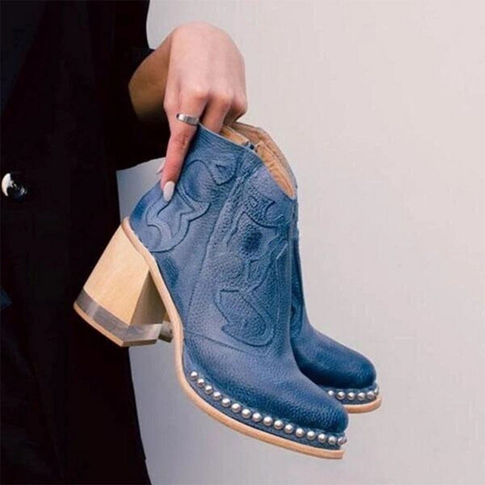 Botines vaqueros con bordados y tachas de tacón en bloque para mujer