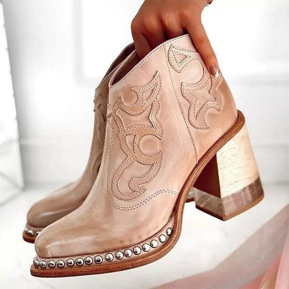 Botines vaqueros con bordados y tachas de tacón en bloque para mujer