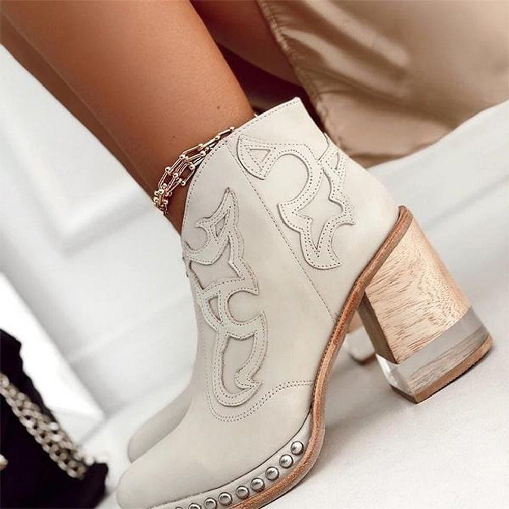 Botines vaqueros con bordados y tachas de tacón en bloque para mujer
