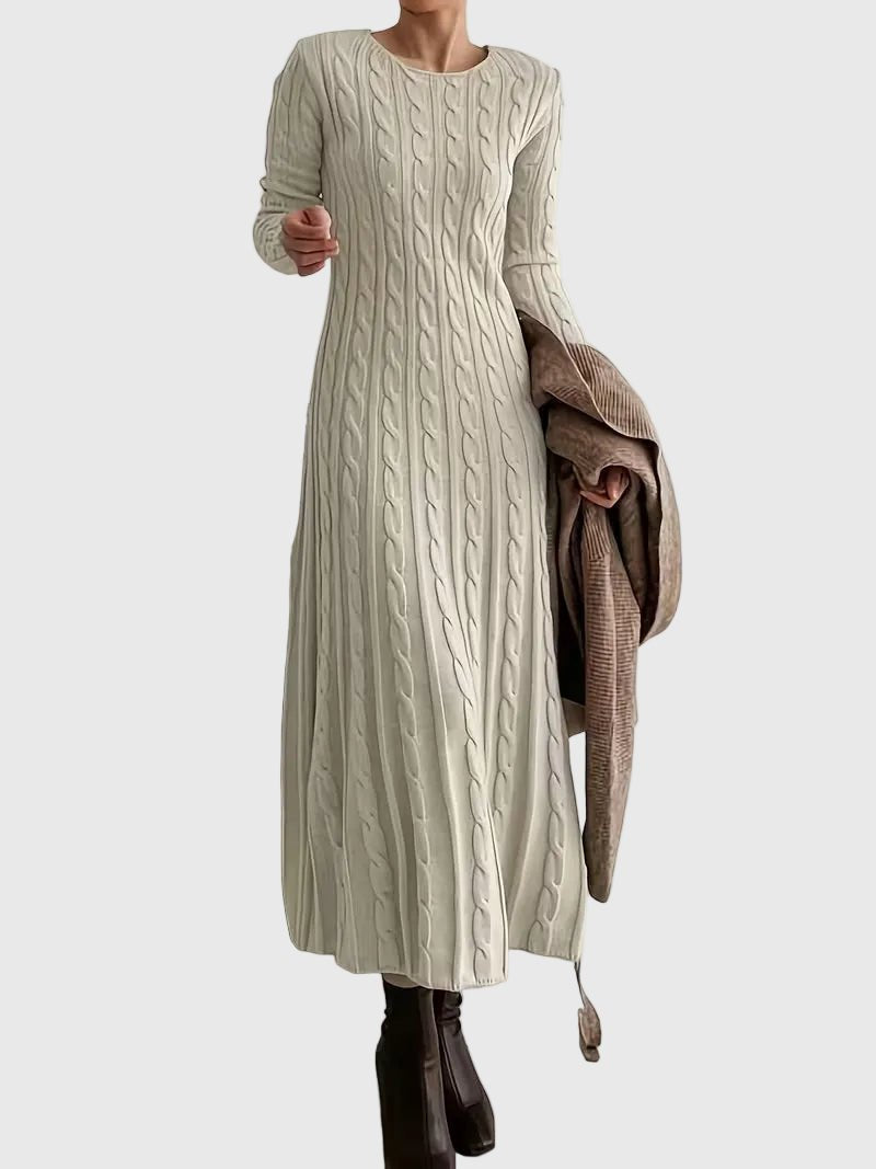 Vestido Maxi de Punto Trenzado y Manga Larga con Cuello Redondo para Mujer