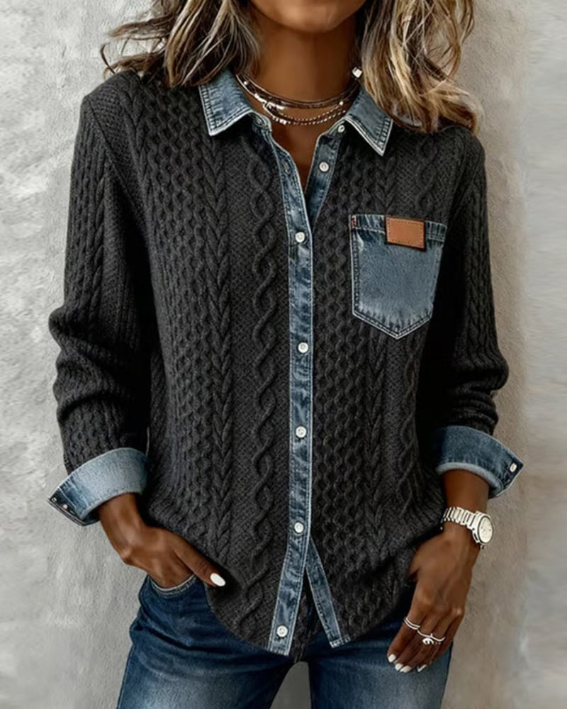 Top casual de punto de manga larga con detalles de mezclilla para mujer