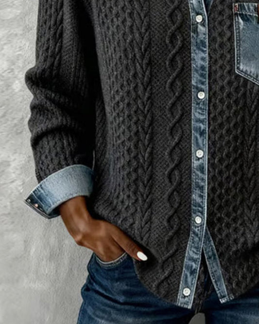 Top casual de punto de manga larga con detalles de mezclilla para mujer