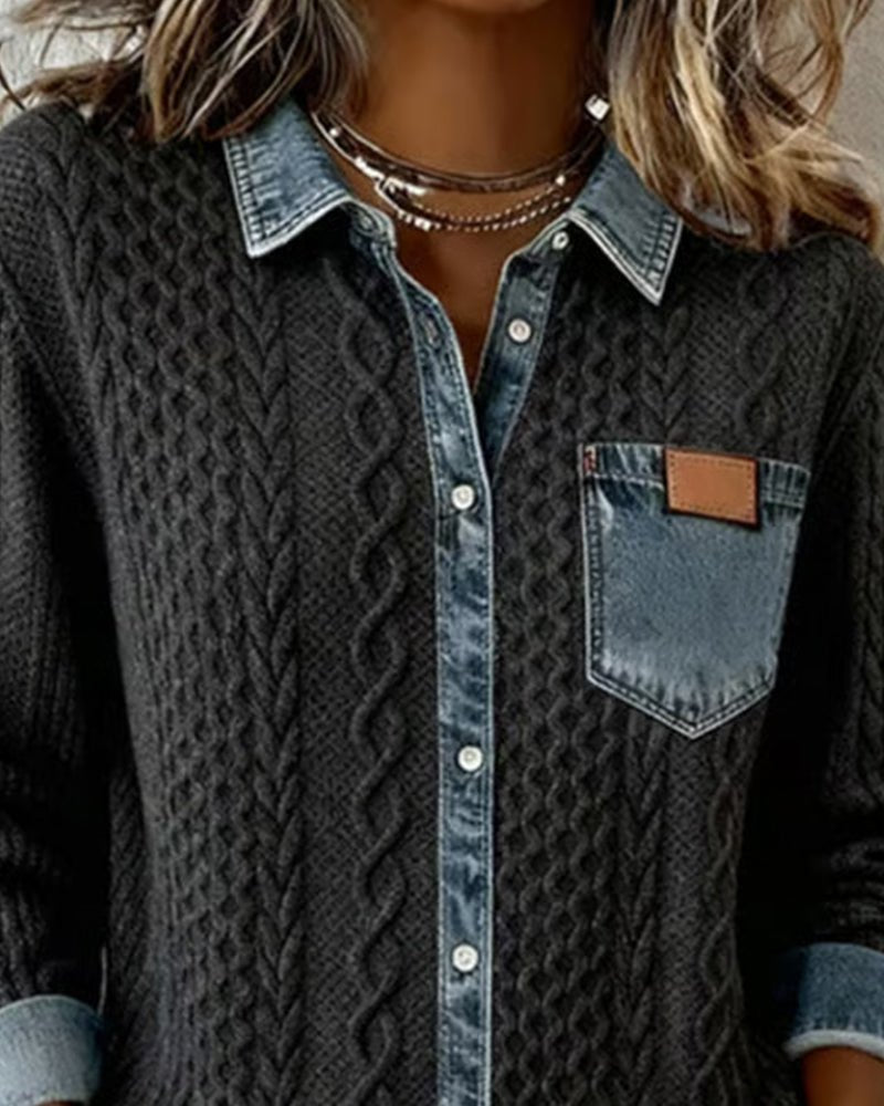 Top casual de punto de manga larga con detalles de mezclilla para mujer