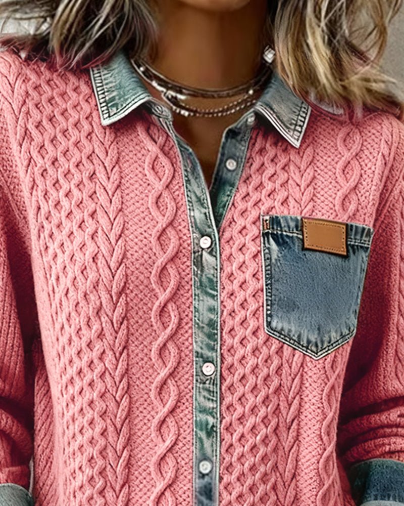 Top casual de punto de manga larga con detalles de mezclilla para mujer