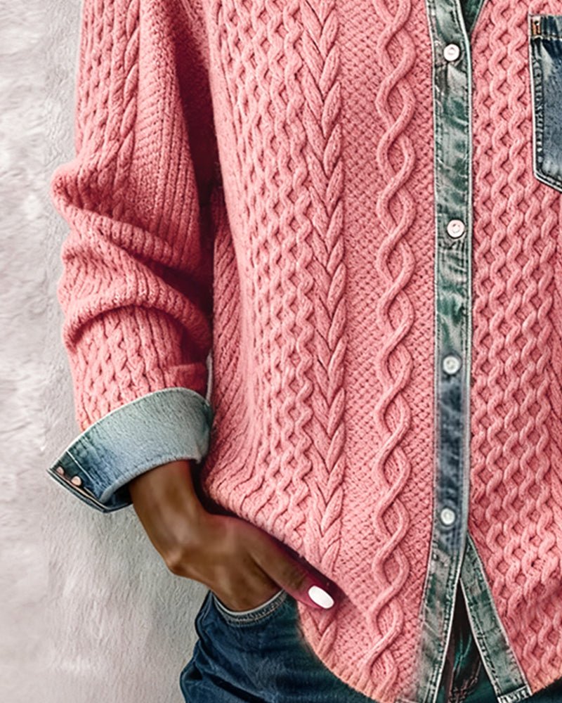 Top casual de punto de manga larga con detalles de mezclilla para mujer