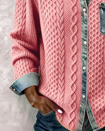 Top casual de punto de manga larga con detalles de mezclilla para mujer