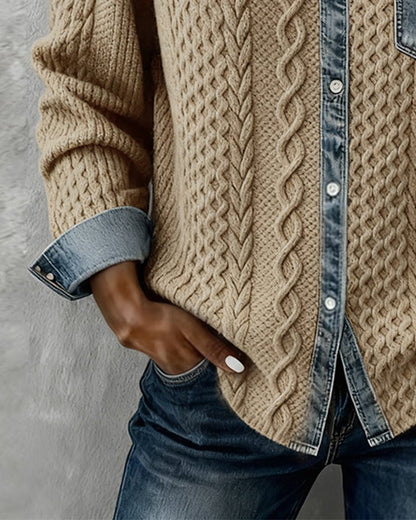 Top casual de punto de manga larga con detalles de mezclilla para mujer