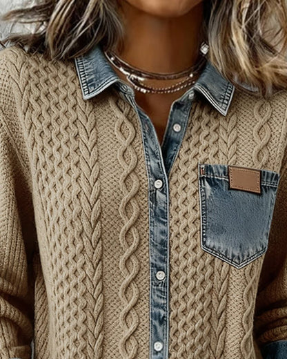 Top casual de punto de manga larga con detalles de mezclilla para mujer