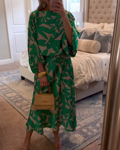 Conjunto Combinado de Dos Piezas con Estampado de Follaje y Manga Farol para Mujer