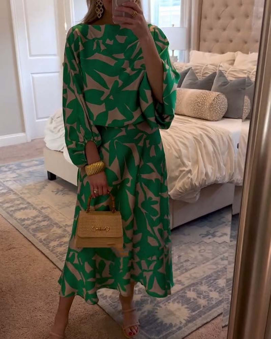 Conjunto Combinado de Dos Piezas con Estampado de Follaje y Manga Farol para Mujer