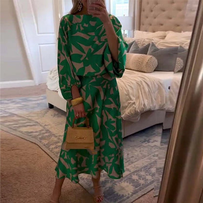 Conjunto Combinado de Dos Piezas con Estampado de Follaje y Manga Farol para Mujer