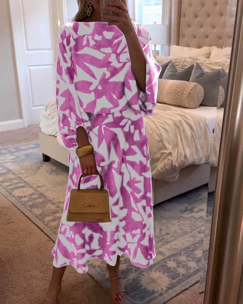 Conjunto Combinado de Dos Piezas con Estampado de Follaje y Manga Farol para Mujer