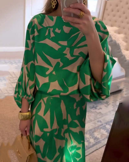 Conjunto Combinado de Dos Piezas con Estampado de Follaje y Manga Farol para Mujer