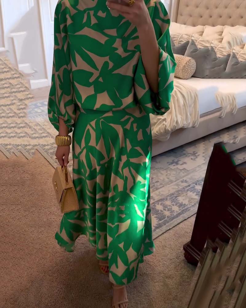 Conjunto Combinado de Dos Piezas con Estampado de Follaje y Manga Farol para Mujer