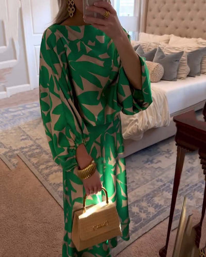 Conjunto Combinado de Dos Piezas con Estampado de Follaje y Manga Farol para Mujer