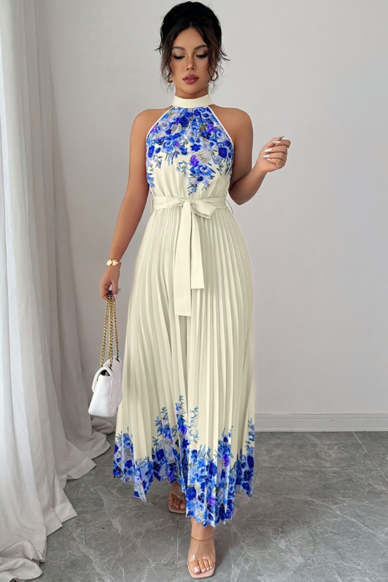 Vestido de fiesta midi plisado con cuello halter y estampado floral para mujer