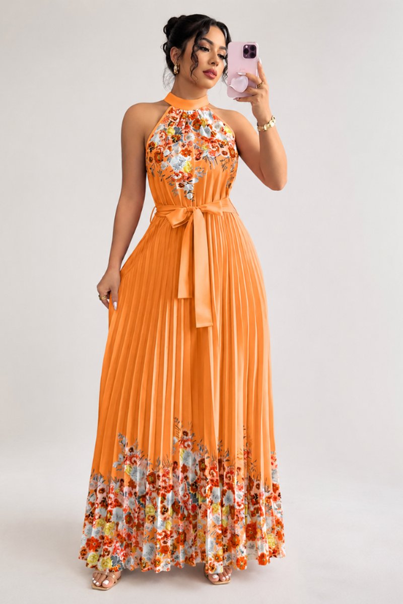 Vestido de fiesta midi plisado con cuello halter y estampado floral para mujer