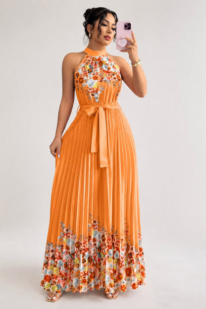 Vestido de fiesta midi plisado con cuello halter y estampado floral para mujer