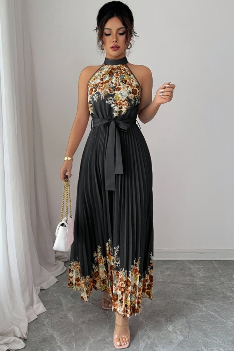 Vestido de fiesta midi plisado con cuello halter y estampado floral para mujer
