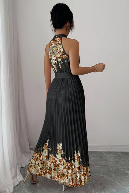 Vestido de fiesta midi plisado con cuello halter y estampado floral para mujer