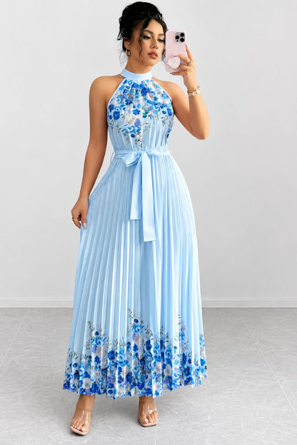 Vestido de fiesta midi plisado con cuello halter y estampado floral para mujer