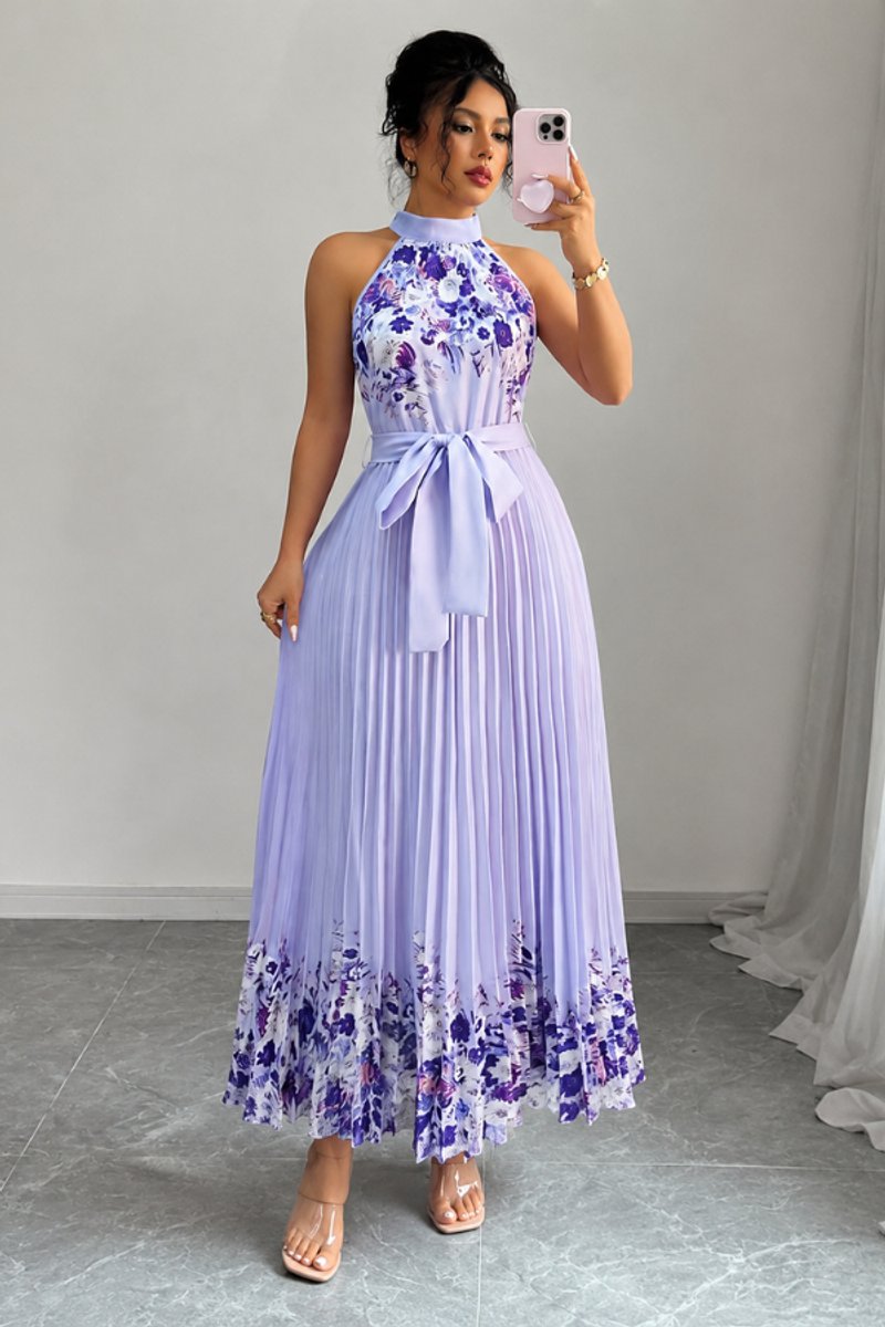 Vestido de fiesta midi plisado con cuello halter y estampado floral para mujer