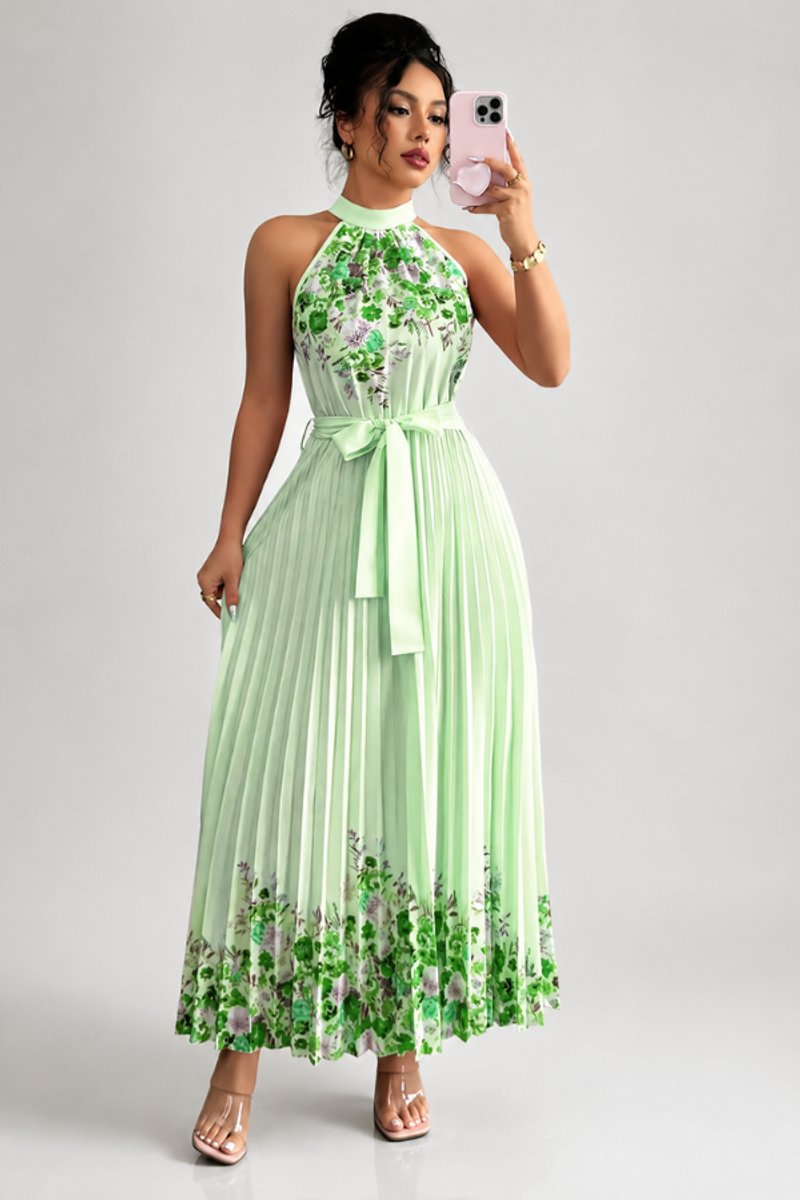 Vestido de fiesta midi plisado con cuello halter y estampado floral para mujer