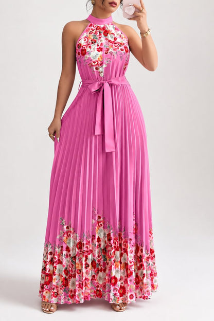 Vestido de fiesta midi plisado con cuello halter y estampado floral para mujer