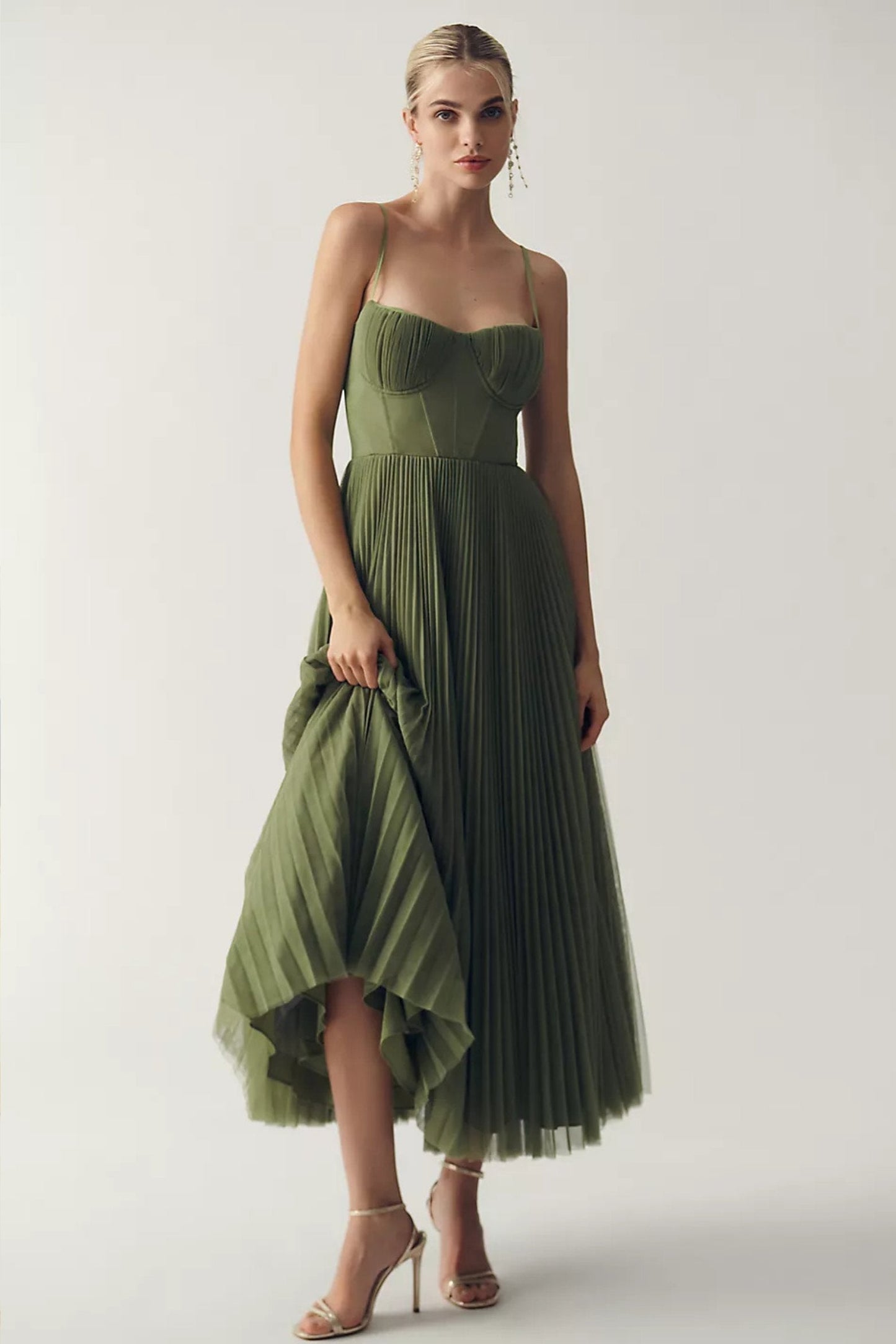 Vestido midi lencero plisado estilo corsé para mujer