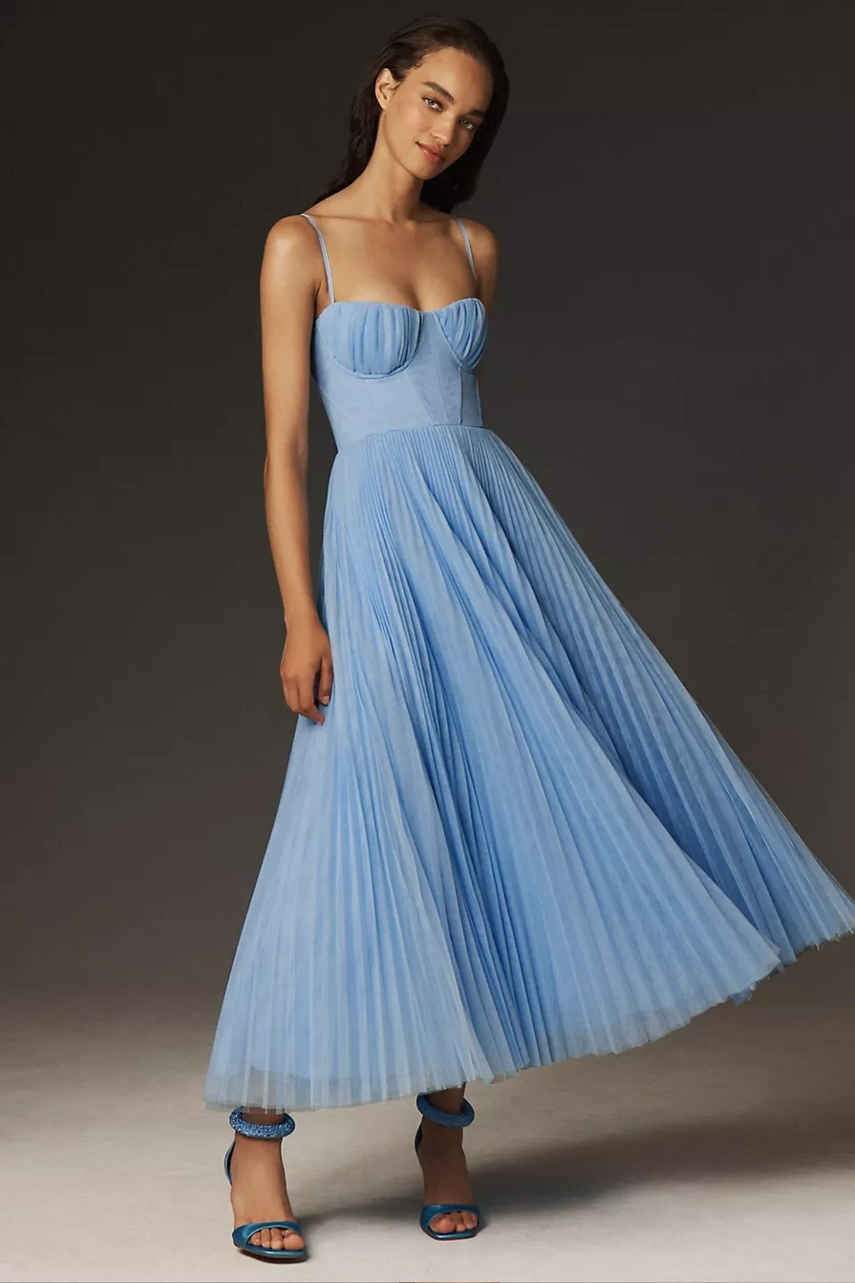 Vestido midi lencero plisado estilo corsé para mujer
