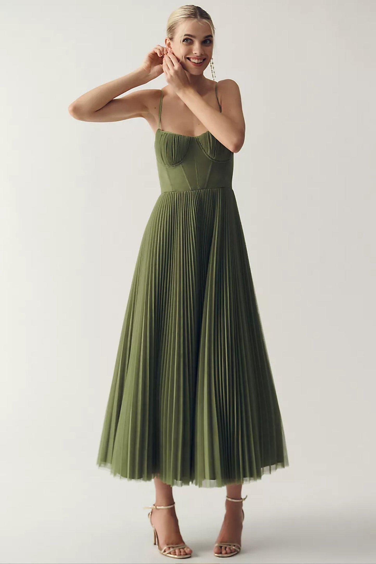 Vestido midi lencero plisado estilo corsé para mujer