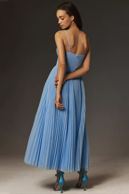 Vestido midi lencero plisado estilo corsé para mujer