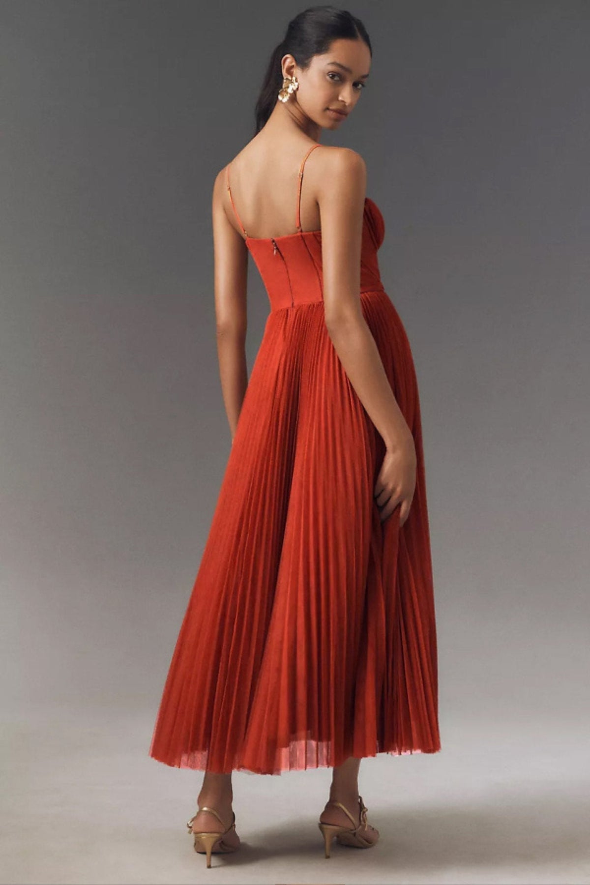 Vestido midi lencero plisado estilo corsé para mujer