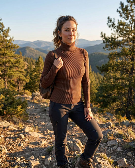 Sweater de punto fino acanalado con cuello alto para mujer
