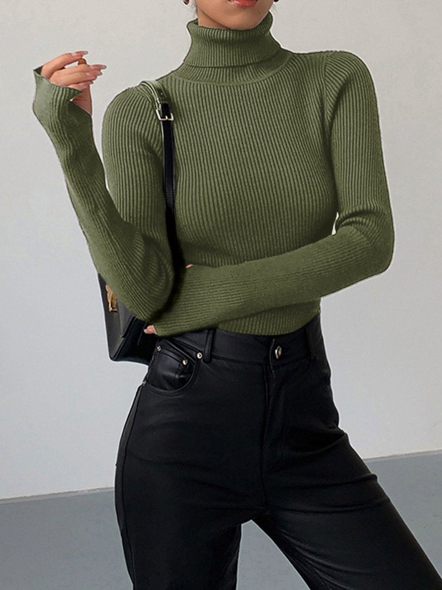 Sweater de punto fino acanalado con cuello alto para mujer