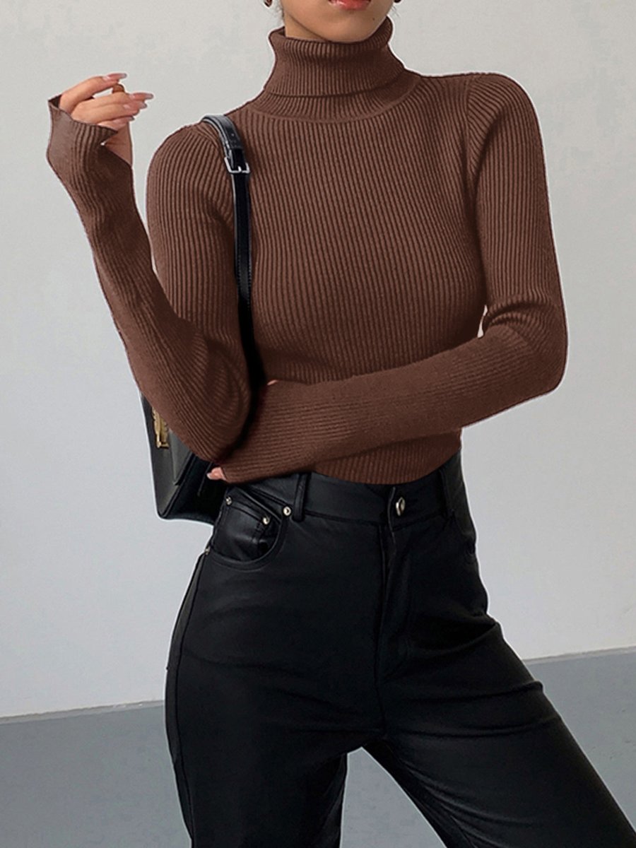 Sweater de punto fino acanalado con cuello alto para mujer
