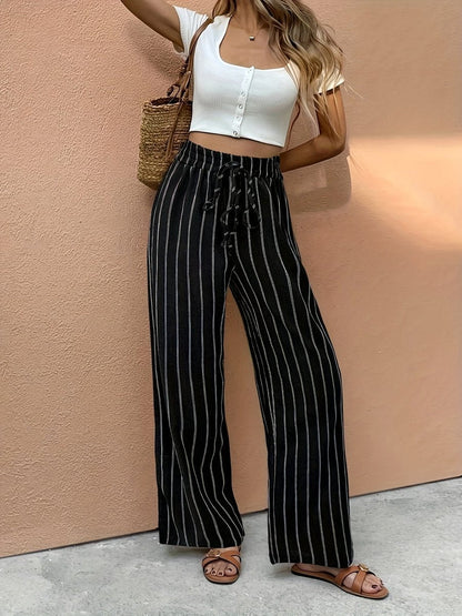 Pantalón de Lino a Rayas de Pierna Ancha y Tiro Alto para Mujer