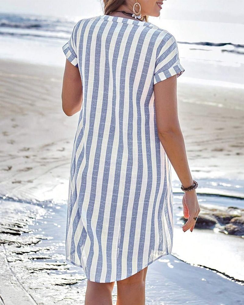 Vestido camisero de lino a rayas y manga corta con botones para mujer