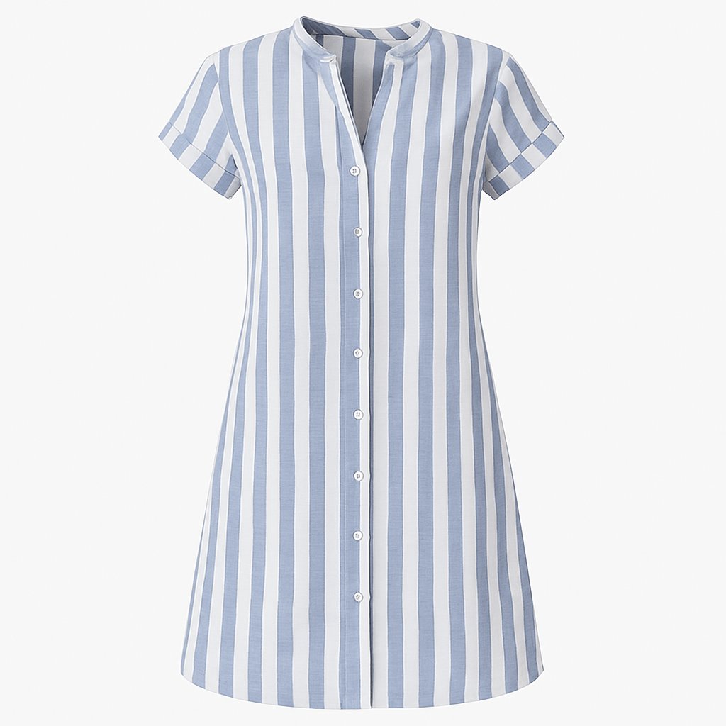 Vestido camisero de lino a rayas y manga corta con botones para mujer