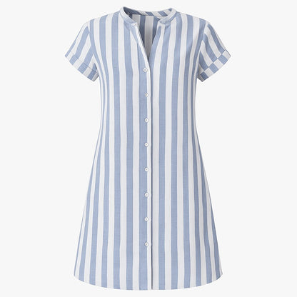 Vestido camisero de lino a rayas y manga corta con botones para mujer
