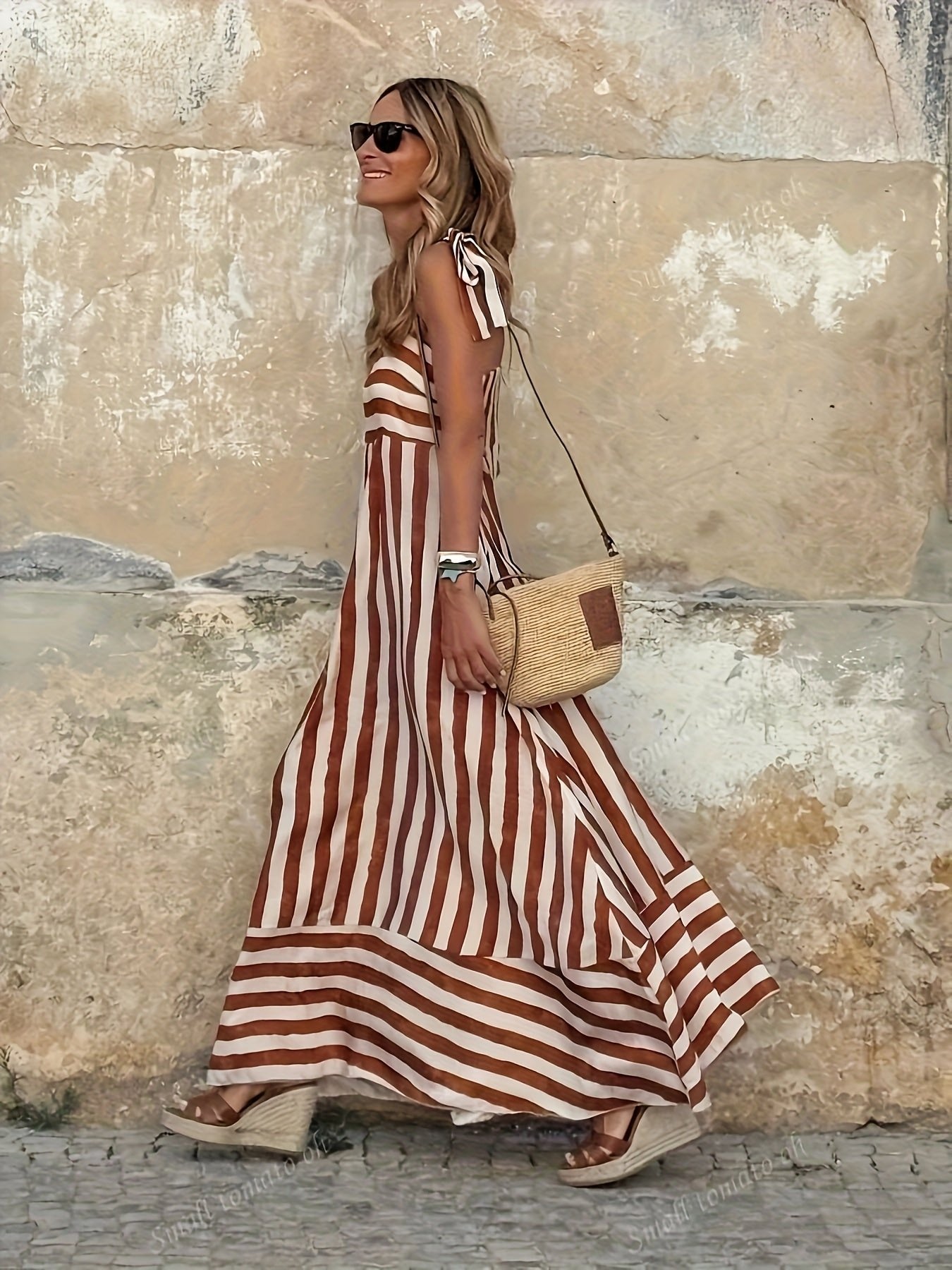 Vestido maxi fluido a rayas con tirantes ajustables para mujer