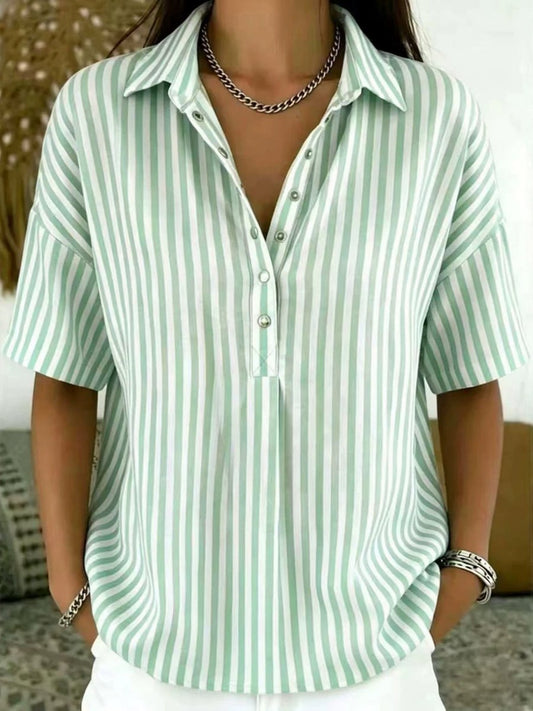 Camisa holgada a rayas de manga corta con cuello para mujer