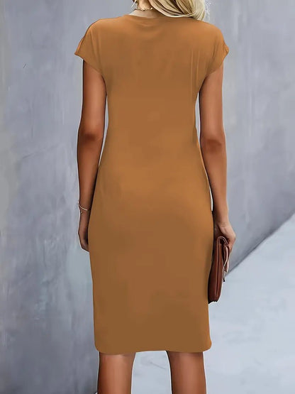 Vestido Midi Ceñido con Fruncido y Manga Corta para Mujer